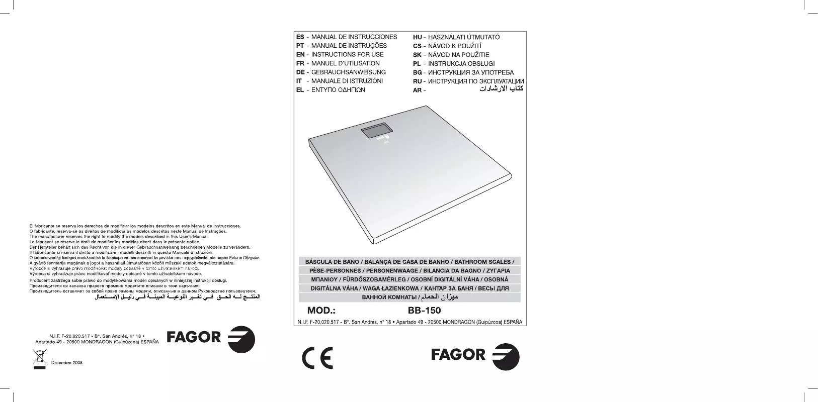 Mode d'emploi FAGOR BB-150